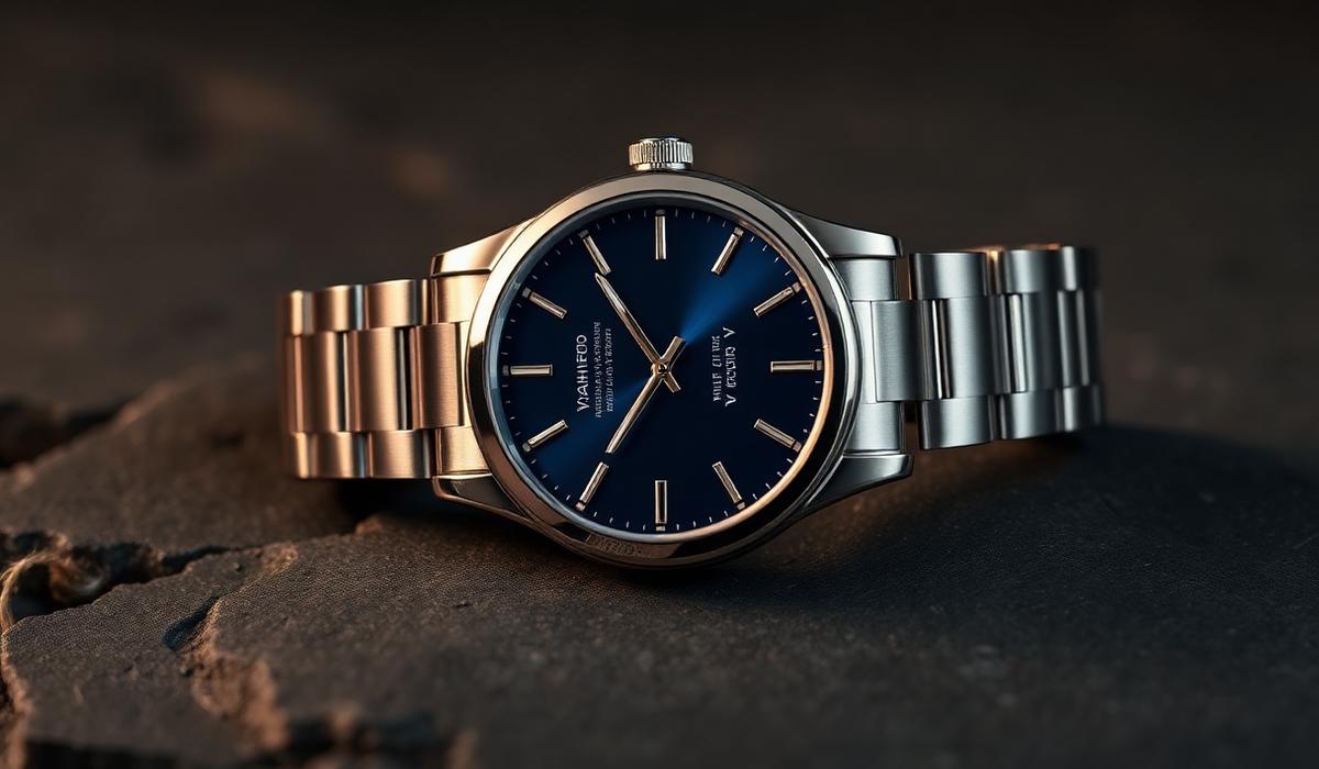 Blue-dial integrated-bracelet watch representing Vacheron Constantin collecting