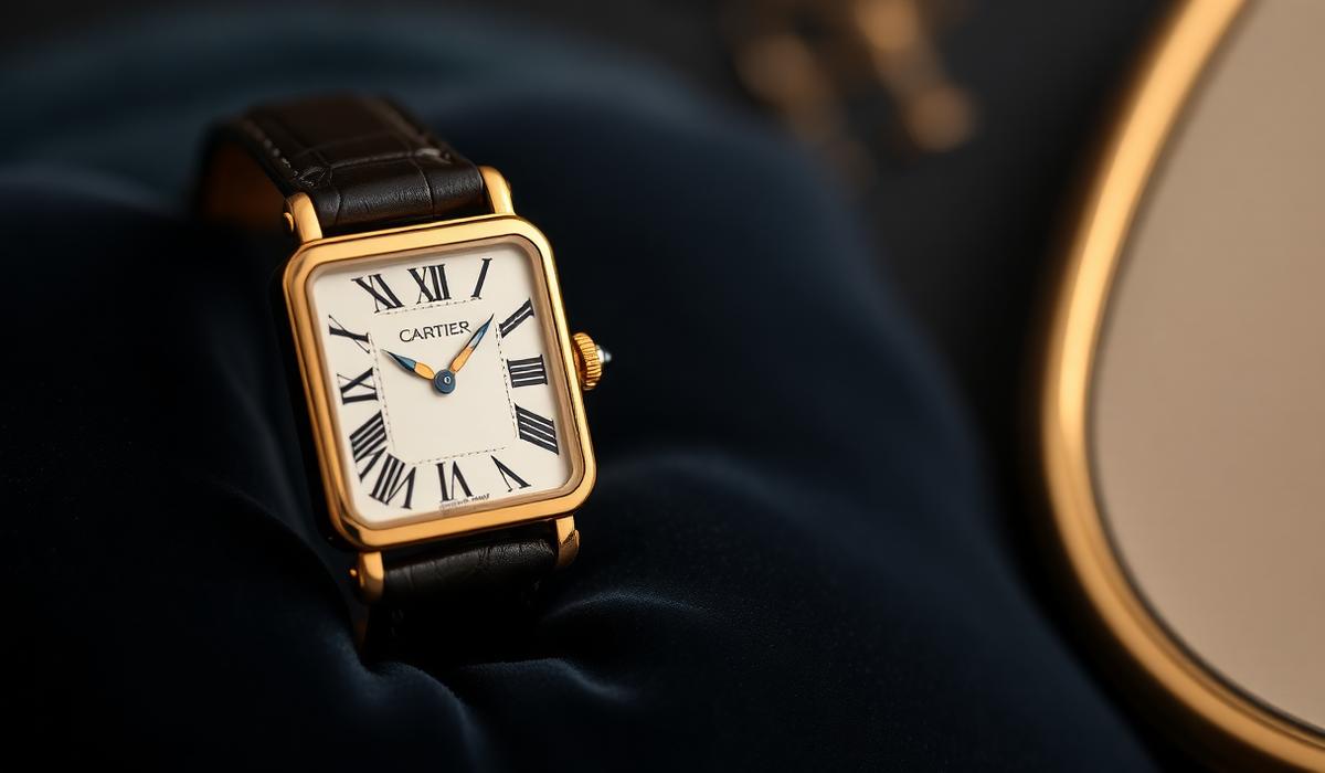 Rectangular gold dress watch representing Cartier collecting