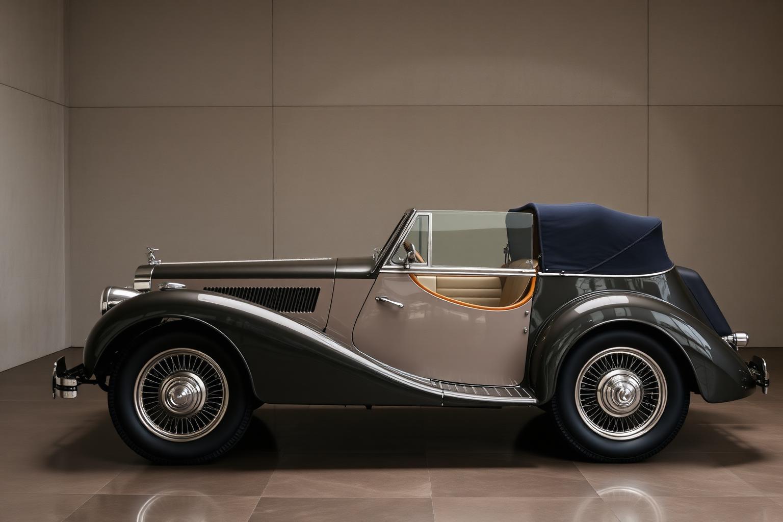 A coachbuilt grand touring automobile displayed in a modern gallery