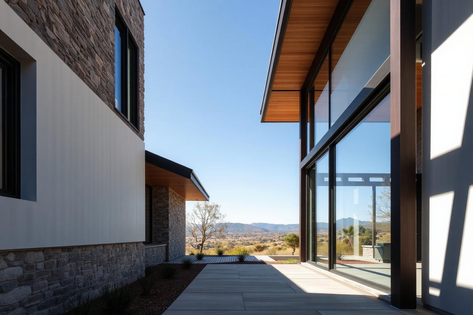 A contemporary stone, timber and glass residence integrated with an arid landscape