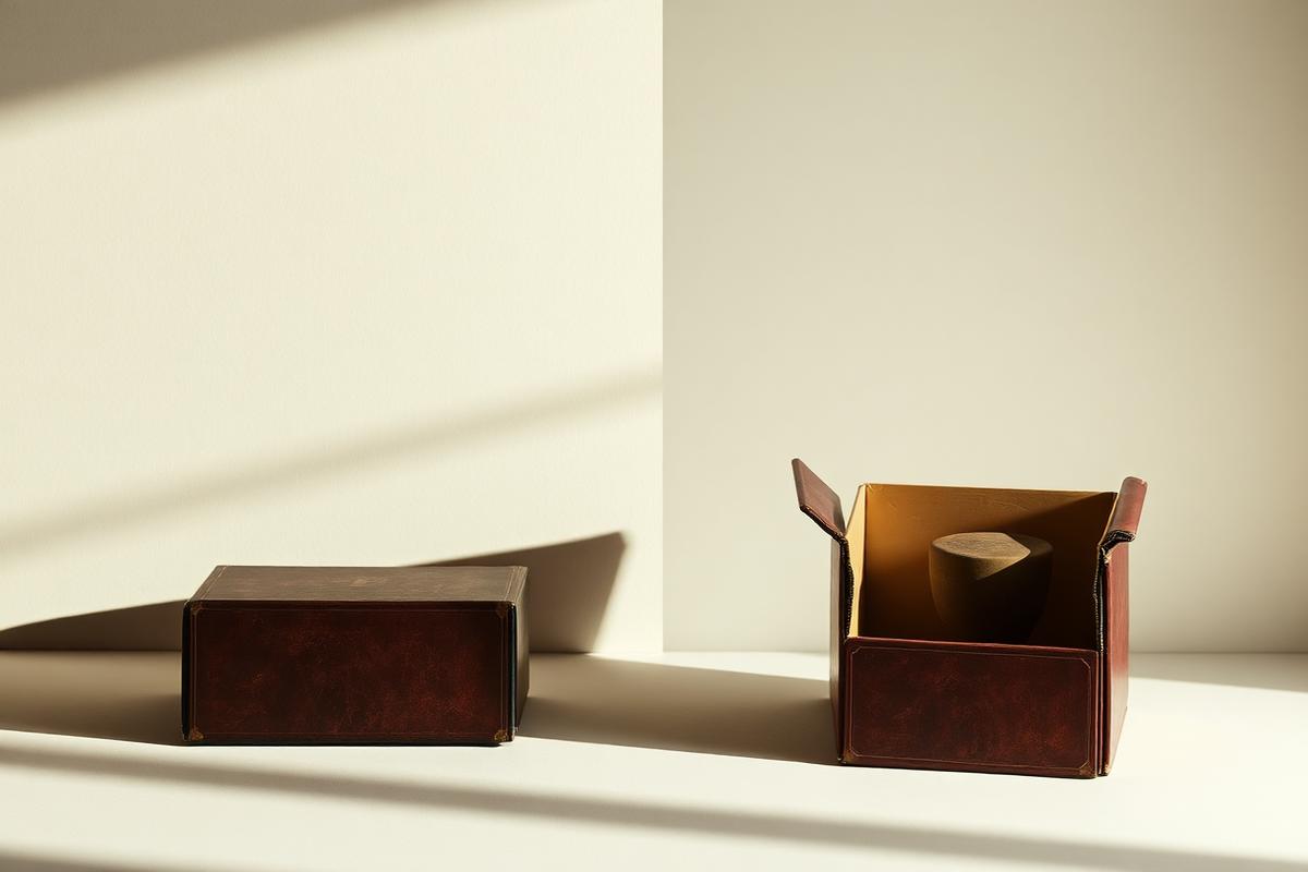 A closed box and an open box sit in long morning shadows, representing anticipation and acquisition