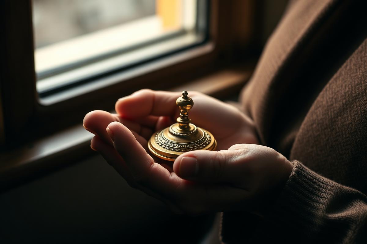 Hands holding a small worn brass keepsake beside a window