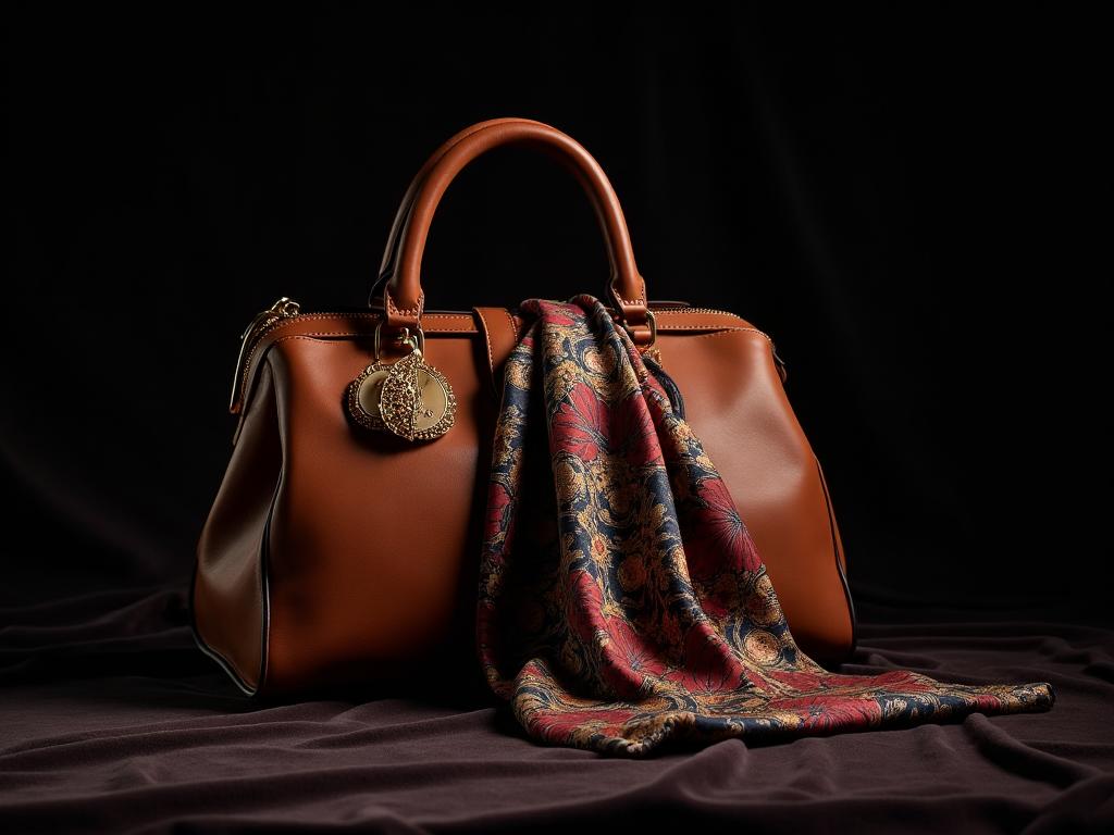 Luxury designer handbag with silk scarf and gold jewelry on dark velvet backdrop