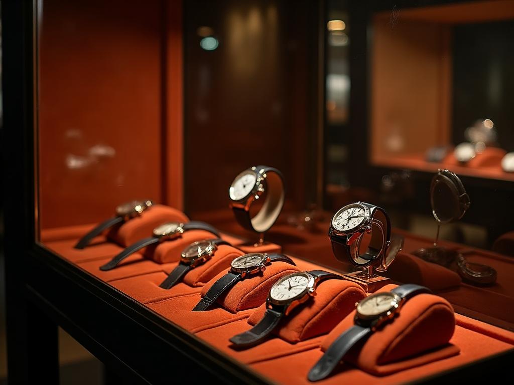 Vintage luxury watches displayed in velvet-lined glass case with amber museum lighting
