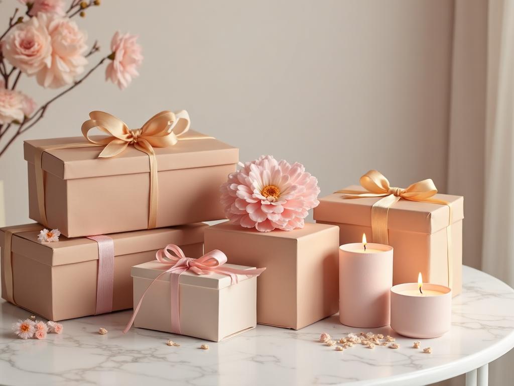 Beautifully wrapped luxury gift boxes with satin ribbons candles and accessories on marble