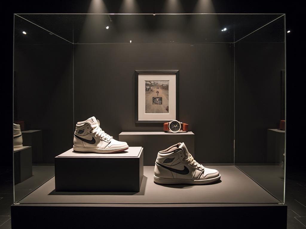 Limited edition luxury sneakers and collectible watch in illuminated glass display case