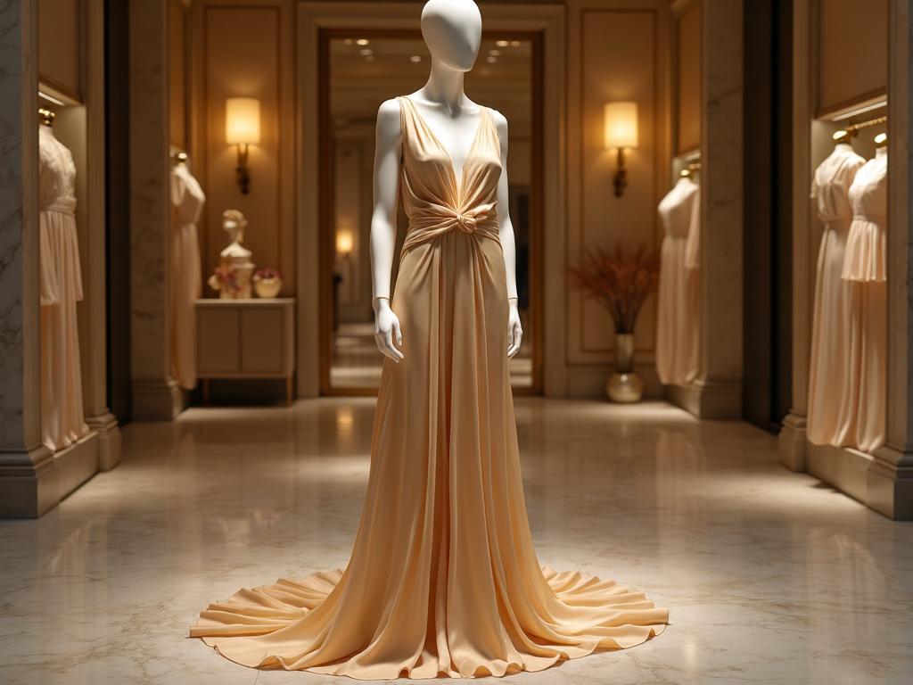Luxury designer haute couture dress in elegant marble showroom with golden lighting
