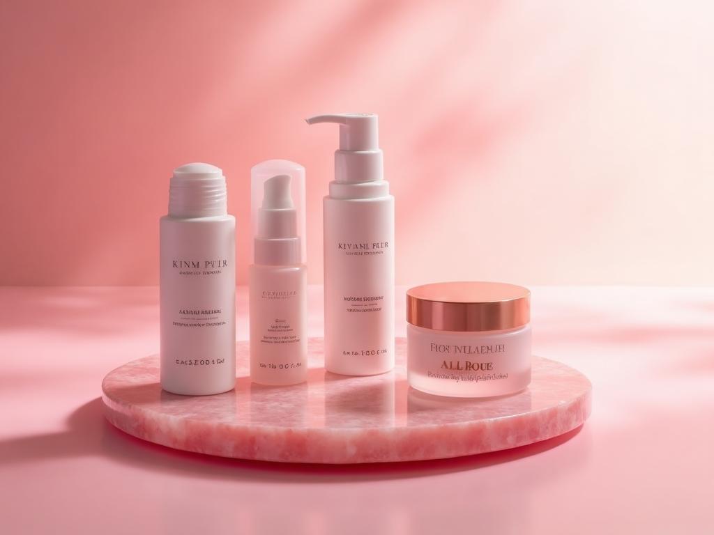 Luxury skincare serums and premium beauty products on rose quartz display tray