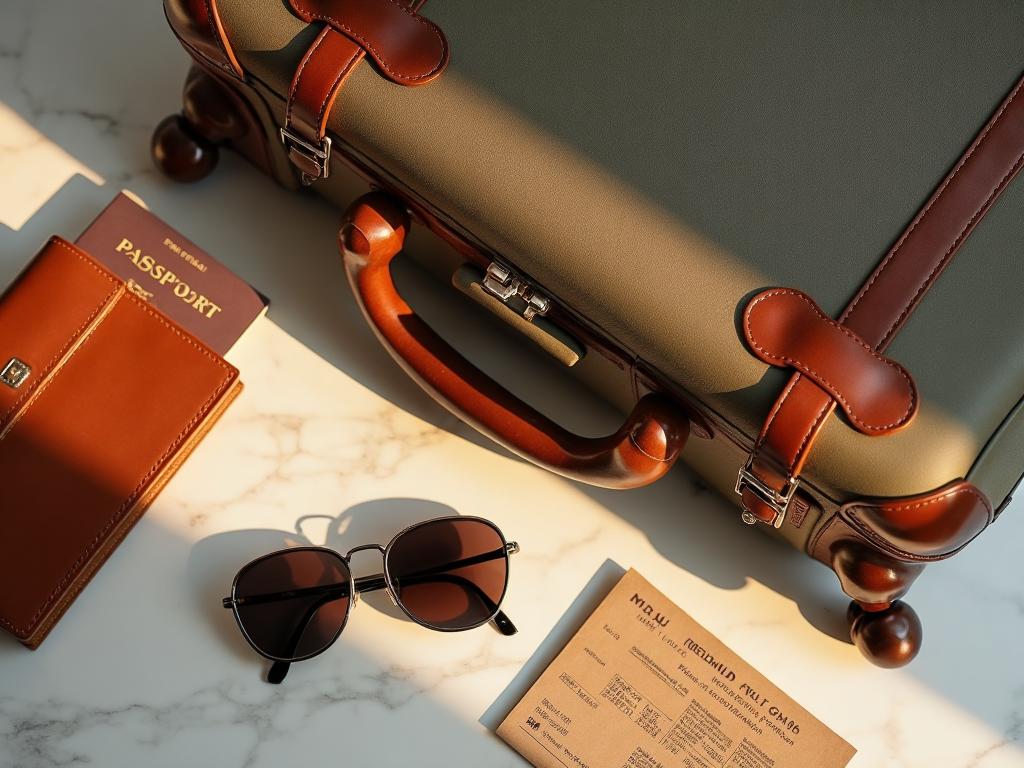 Luxury travel essentials with leather passport holder premium luggage and sunglasses