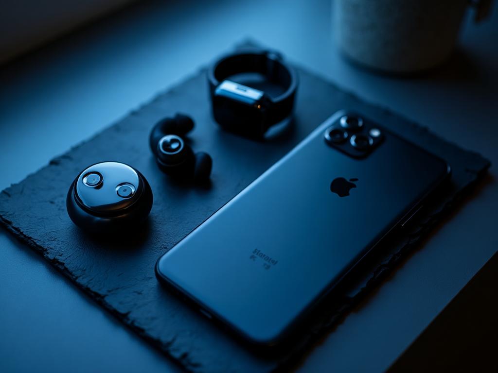 Premium tech gadgets flat lay with wireless earbuds smartwatch and phone on dark slate