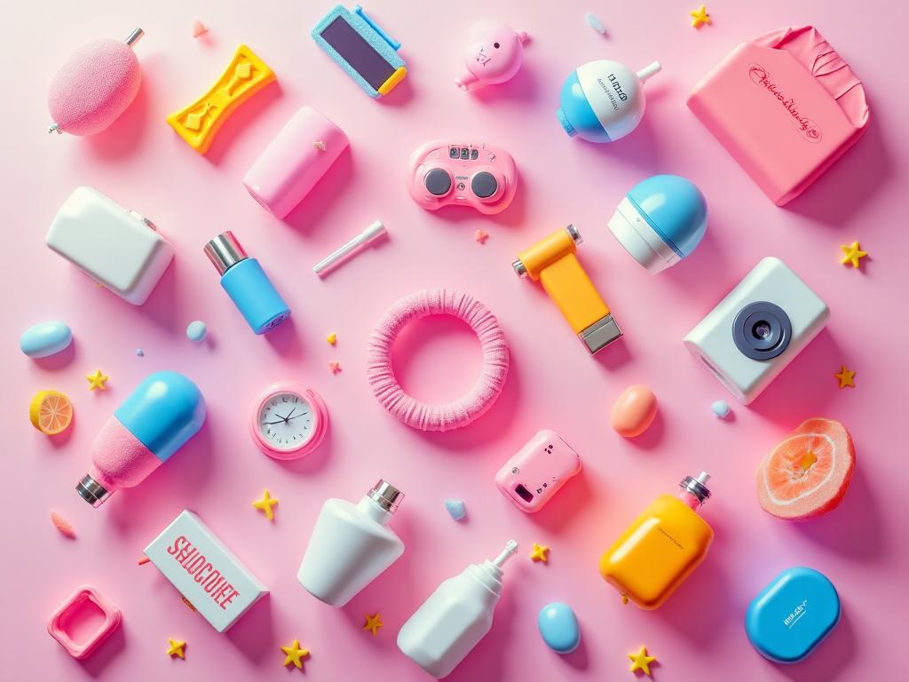 Colorful trending viral products and lifestyle items flat lay on pastel gradient background