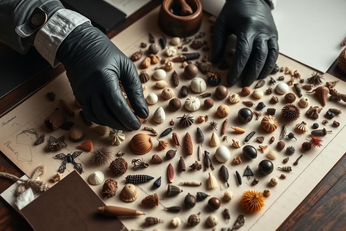 Gloved hands classify a varied collection of small natural and crafted specimens on an archival table