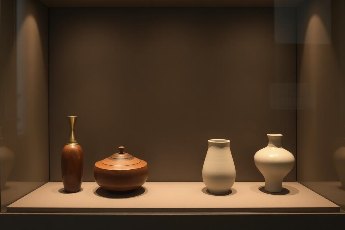 Five distinct crafted vessels displayed with space in a museum cabinet