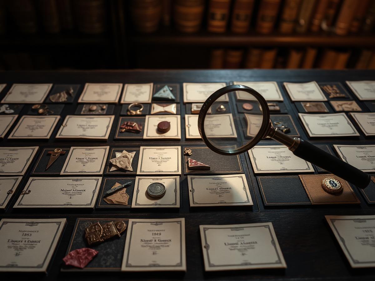 A magnifying glass over a grid of catalogued design fragments and archival labels