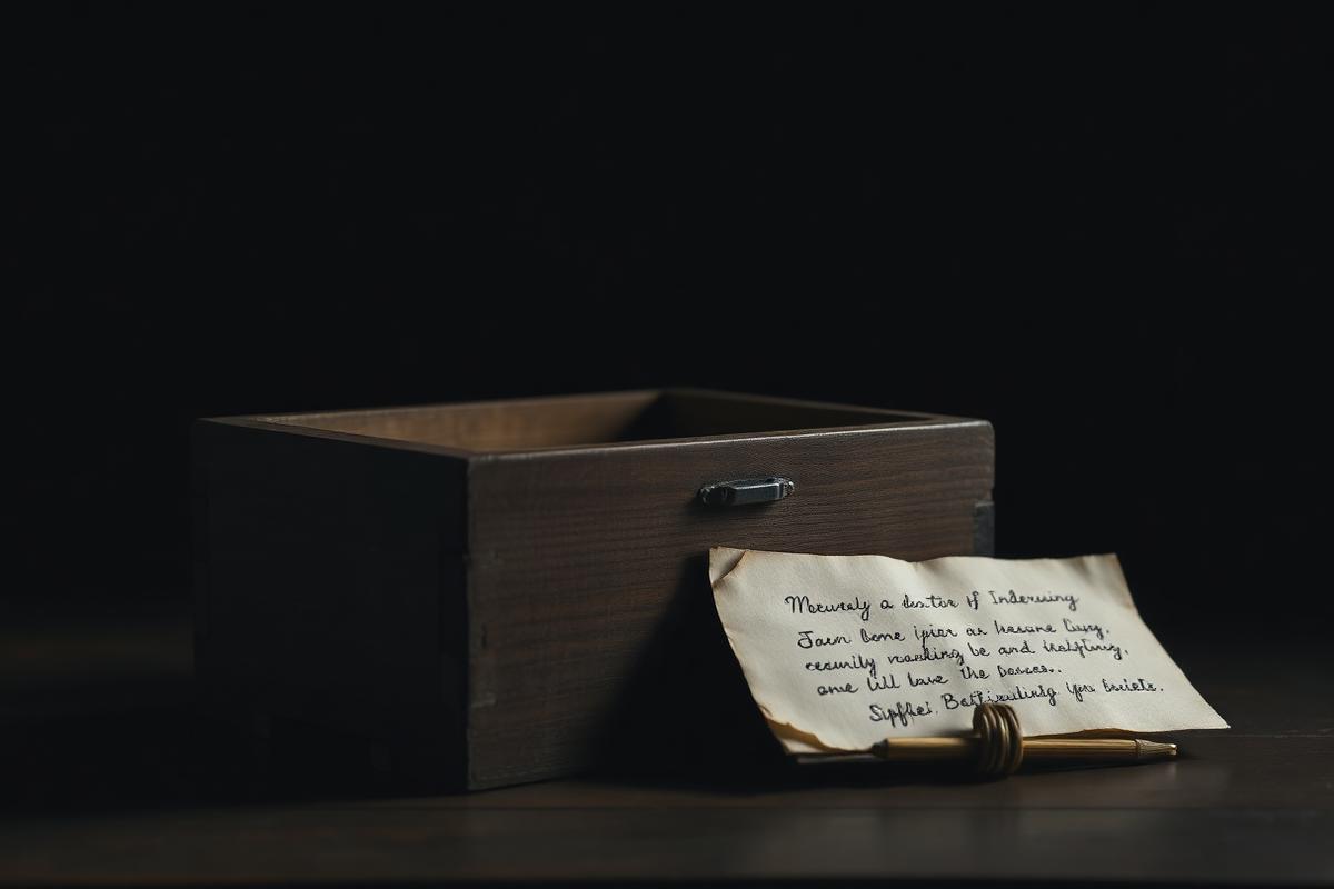 An old wooden keepsake box with a handwritten family note
