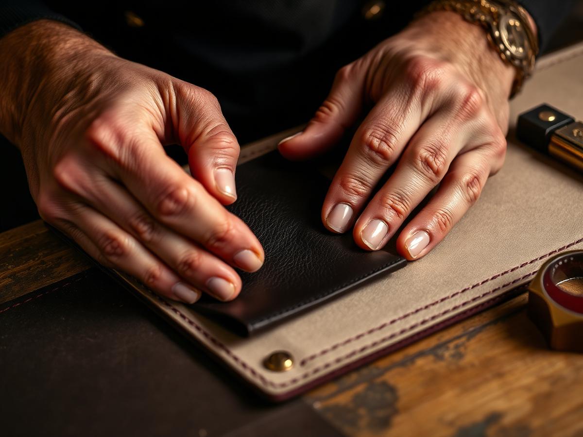 An artisan's hands shaping and stitching dark leather at a worn workbench