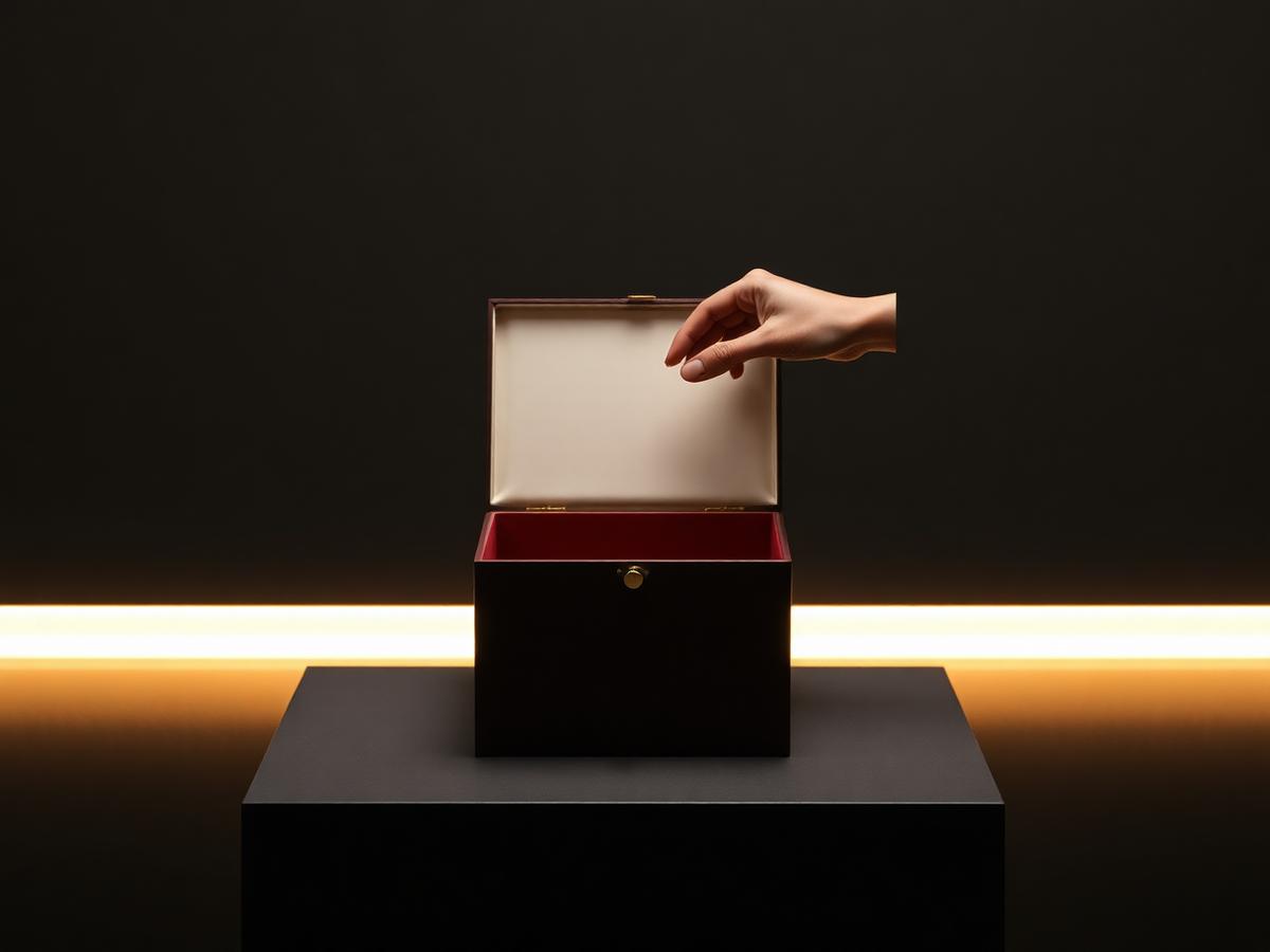 An open presentation box on a dark museum plinth with a hand hovering above it