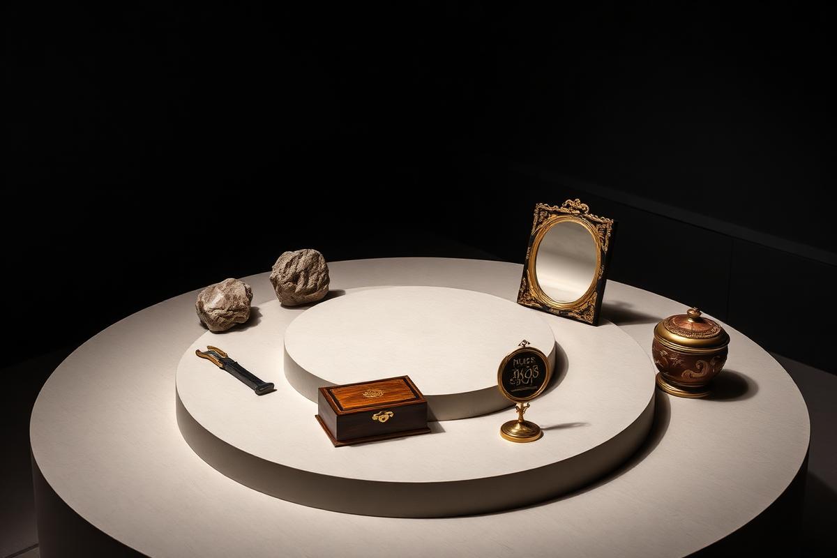 Six symbolic objects arranged around an empty central plinth for reflection