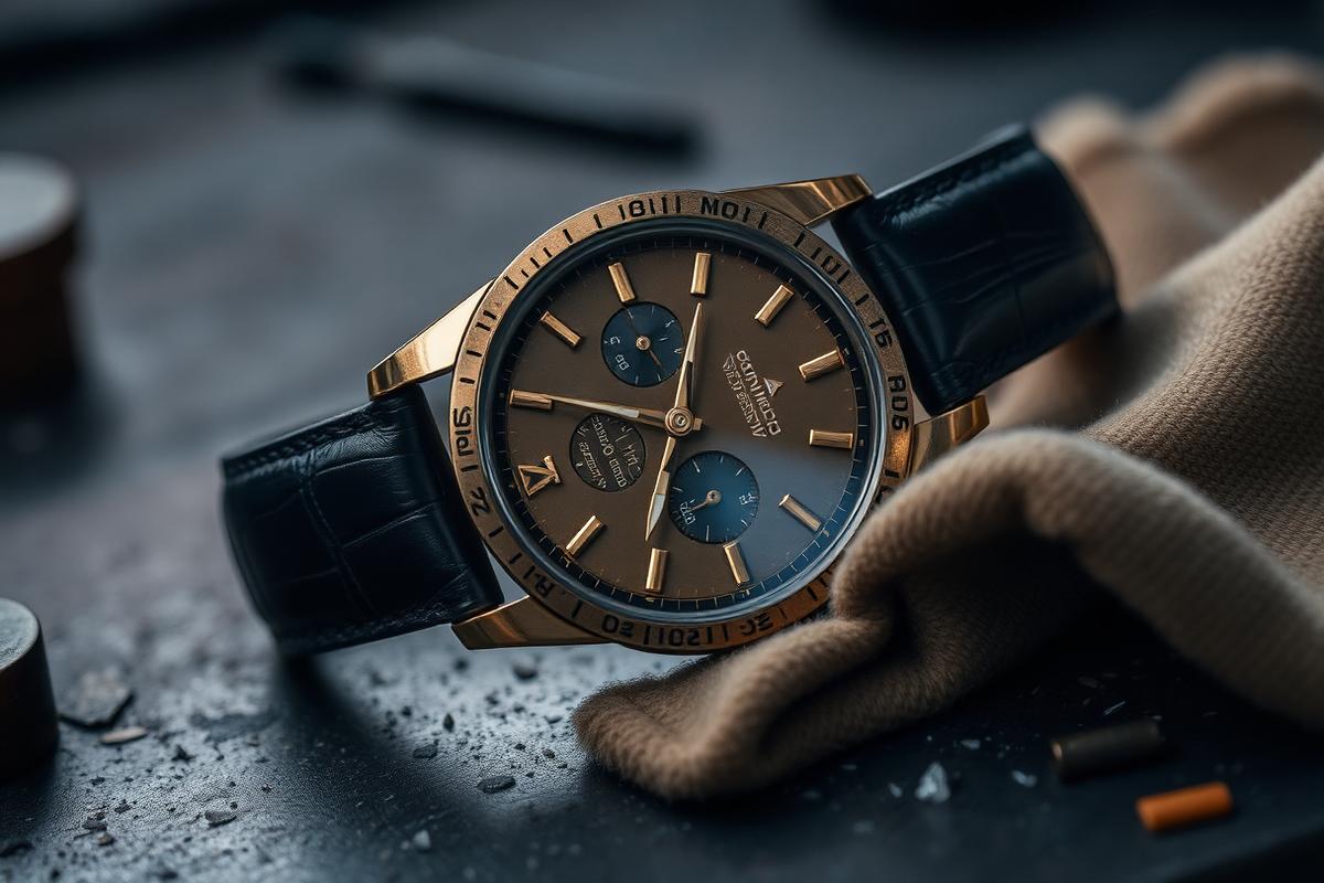 A worn unbranded mechanical watch resting beside a polishing cloth