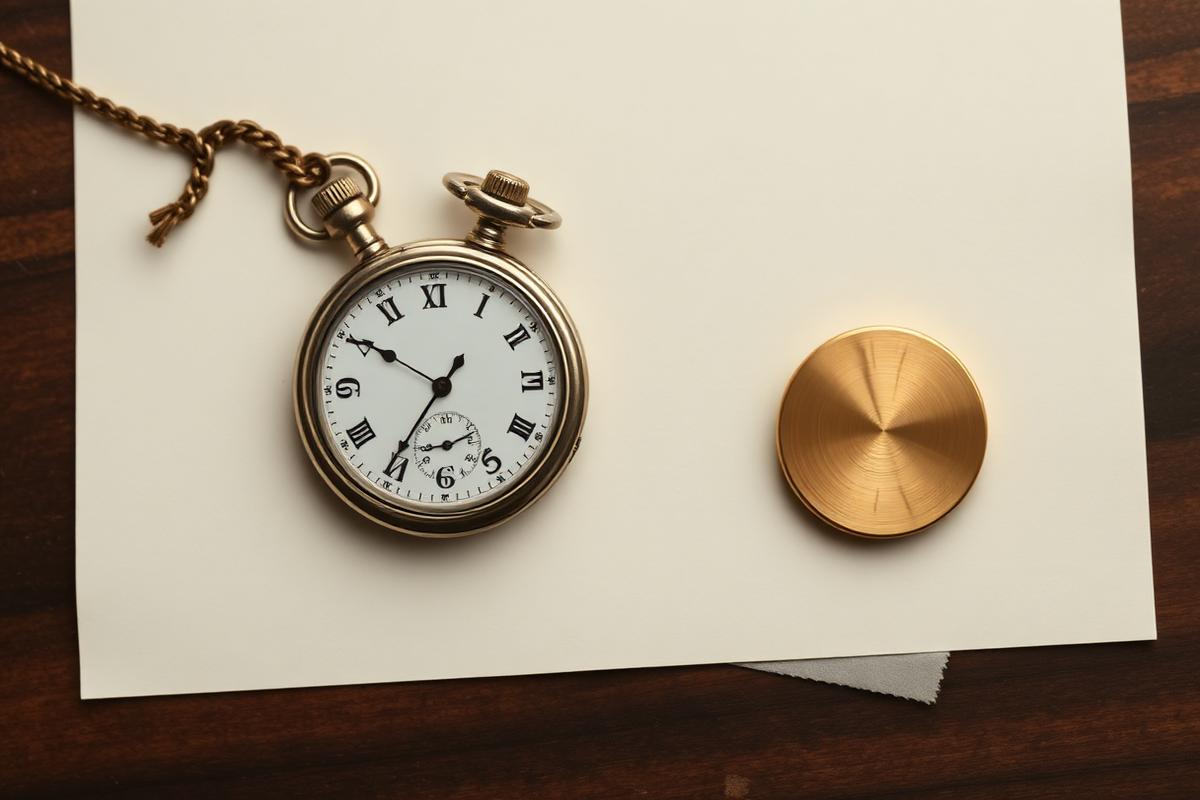 A worn pocket watch beside an auction tag on archival paper