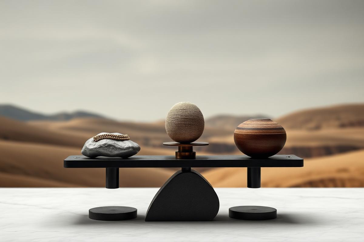 Three crafted objects rest on a balanced sculptural scale, representing perceived value after ownership
