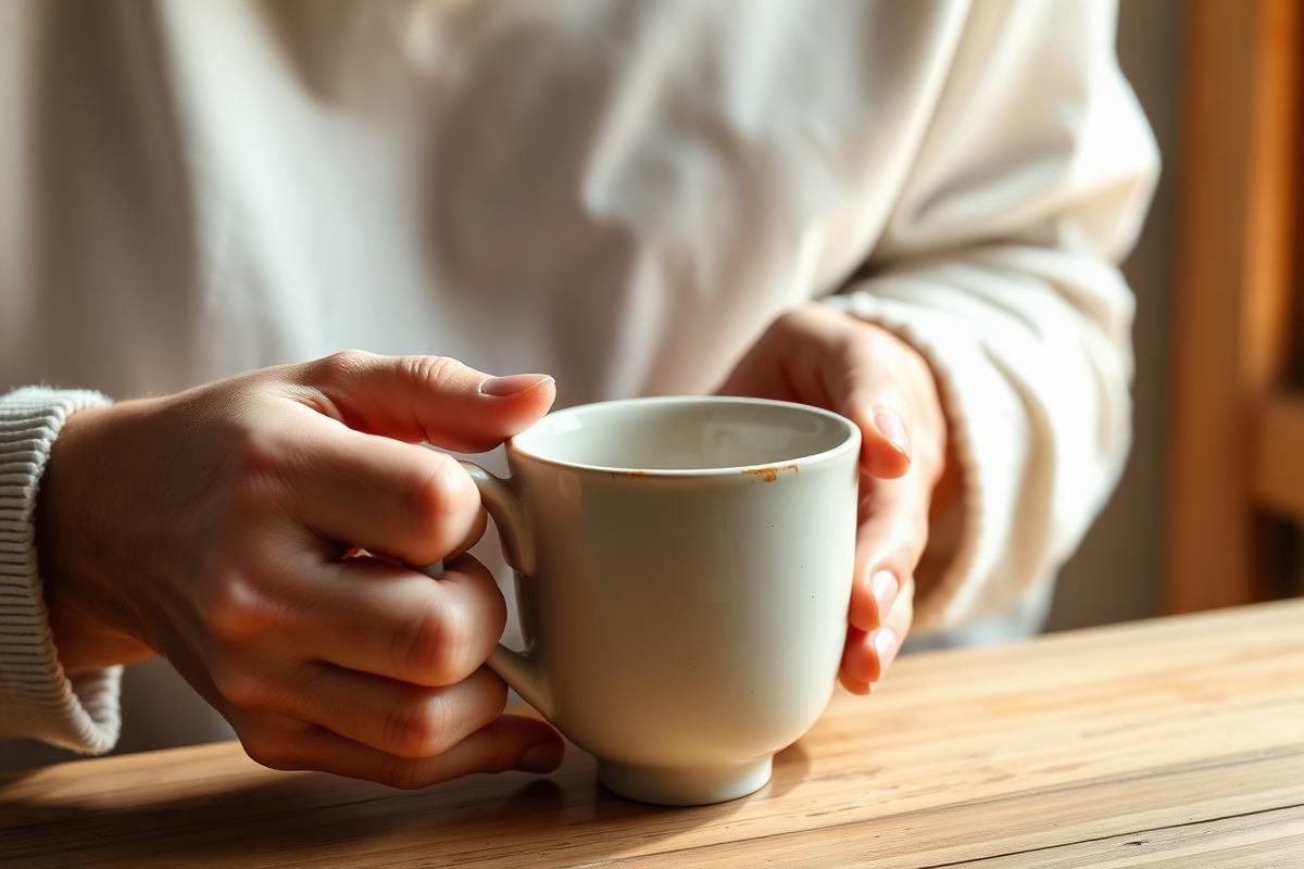 Hands using a well-worn brass cup during a quiet morning ritual