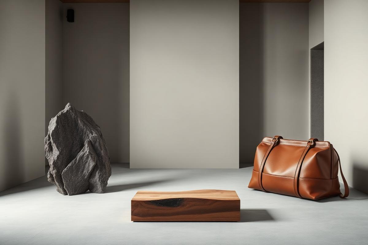 Three distinct crafted objects arranged with generous space in an architectural interior