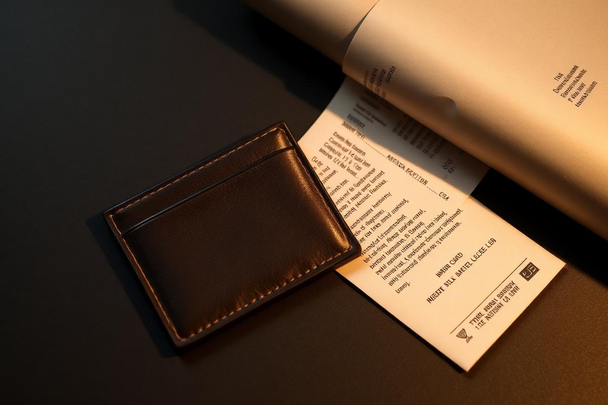 A simple leather card case beside saved wrapping and a face-down receipt