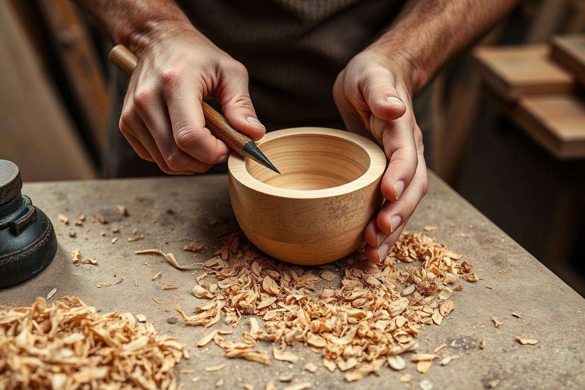 A woodworker shaping a small wooden bowl by hand
