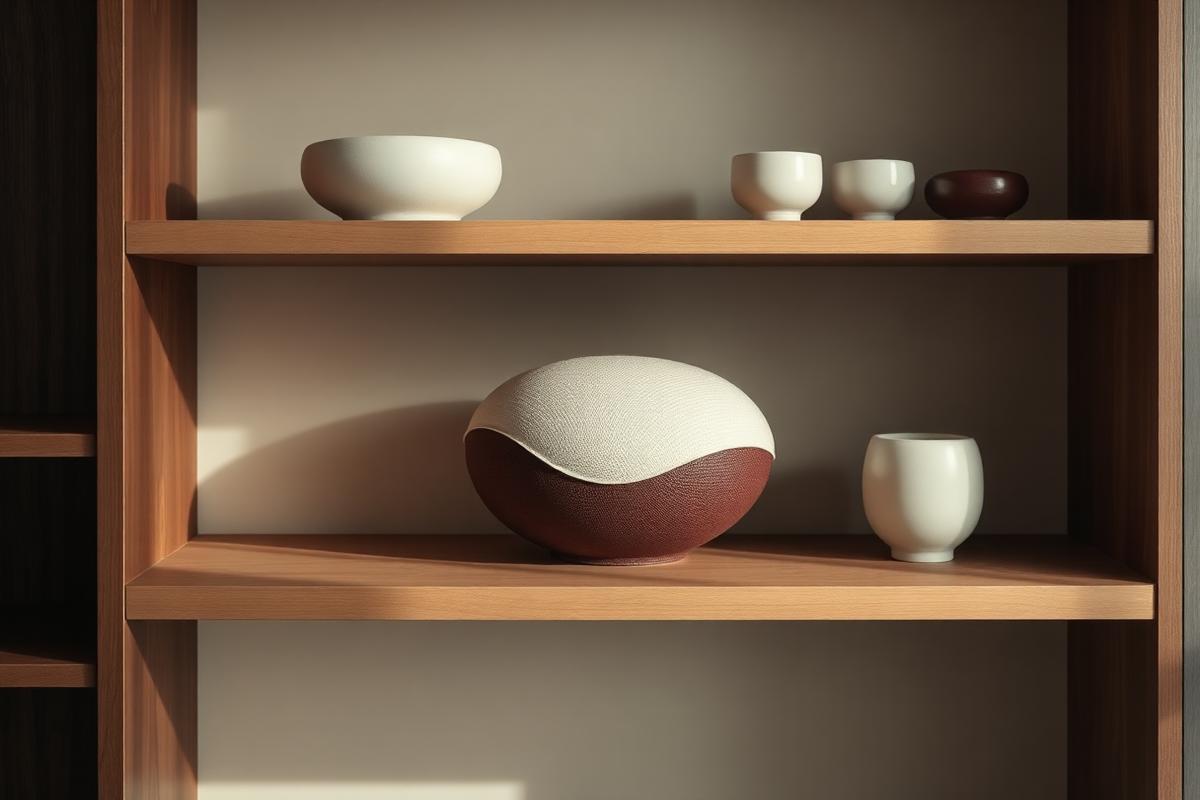 A distinctive crafted object settles among familiar cups on a wooden shelf, representing hedonic adaptation