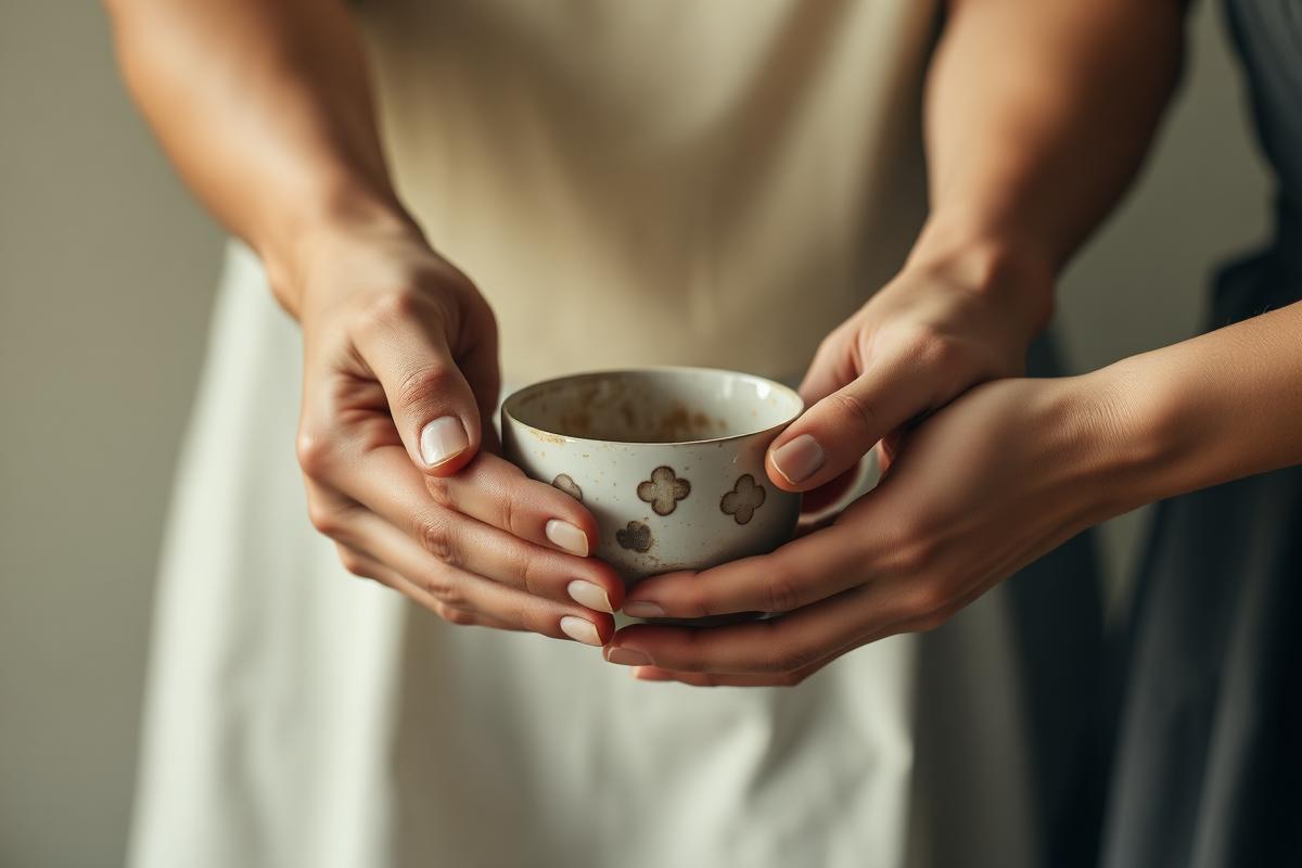 Two pairs of hands passing a worn ceramic cup between generations