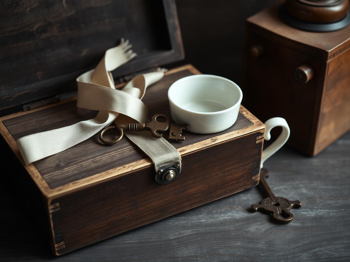 A worn wooden keepsake box, ribbon, keys, and a porcelain cup arranged in archival light