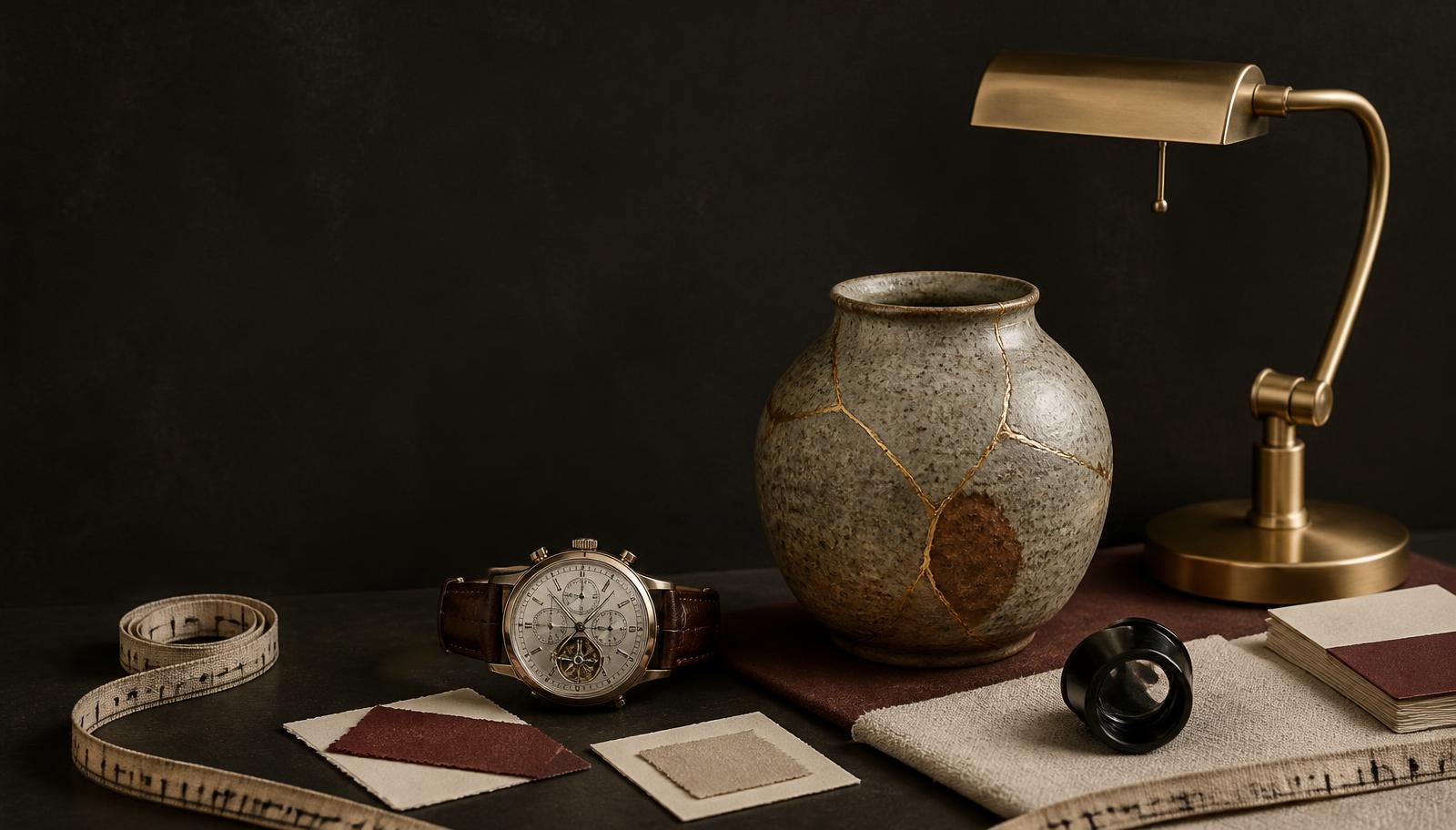 Watch, repaired ceramic vessel, lamp, materials, and measuring tools arranged for a documented design assessment