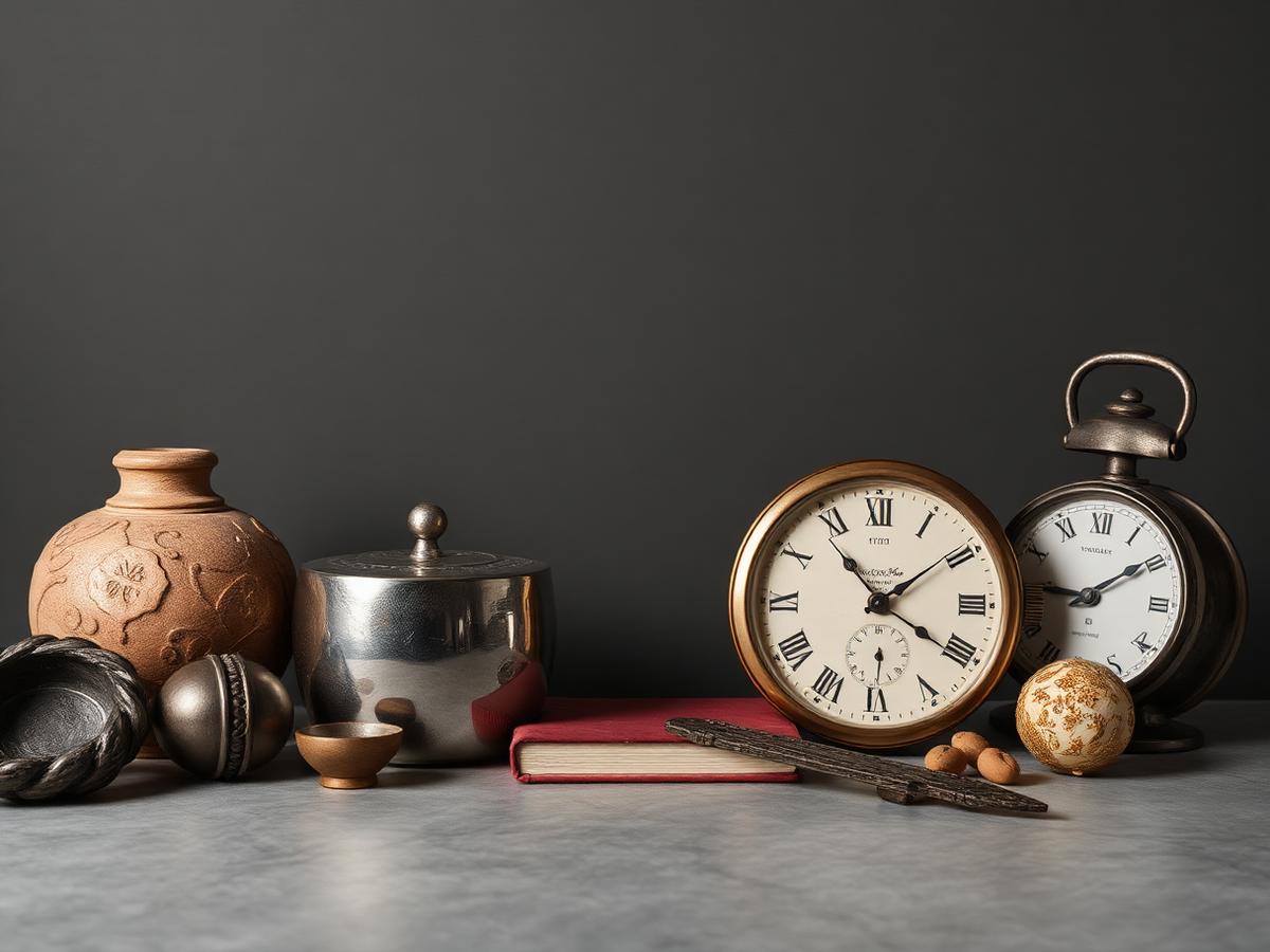 A group of metal, ceramic, paper, and timekeeping objects arranged as a mature personal collection