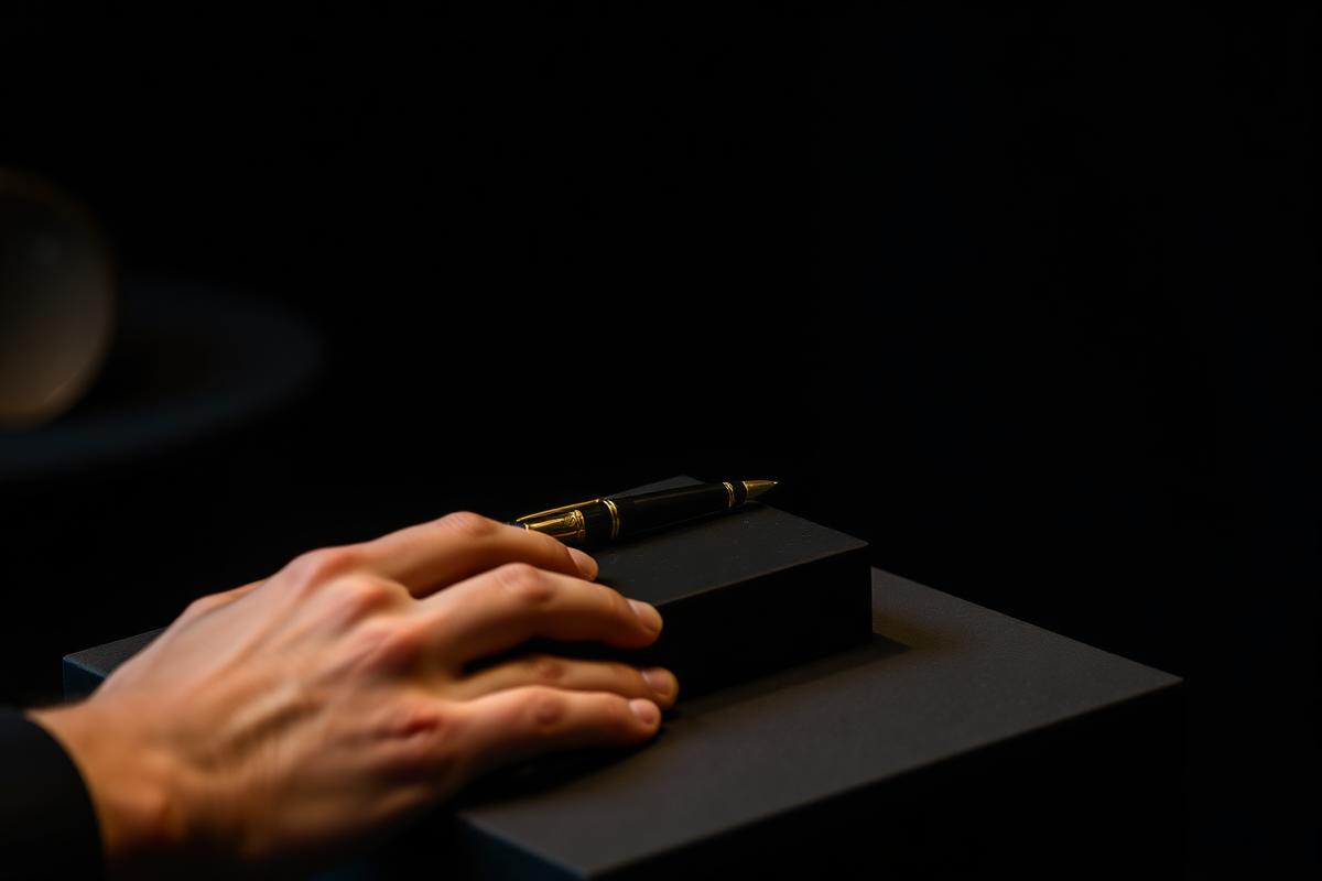 A repaired fountain pen displayed on a dark plinth beside its keeper's hands