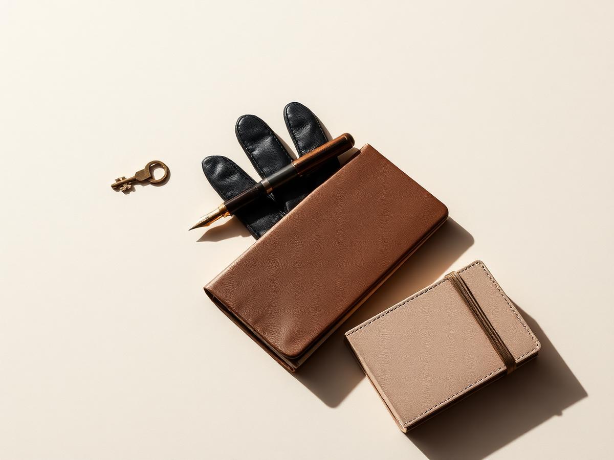 A glove, fountain pen, key, notebook, and leather case arranged as a personal archive