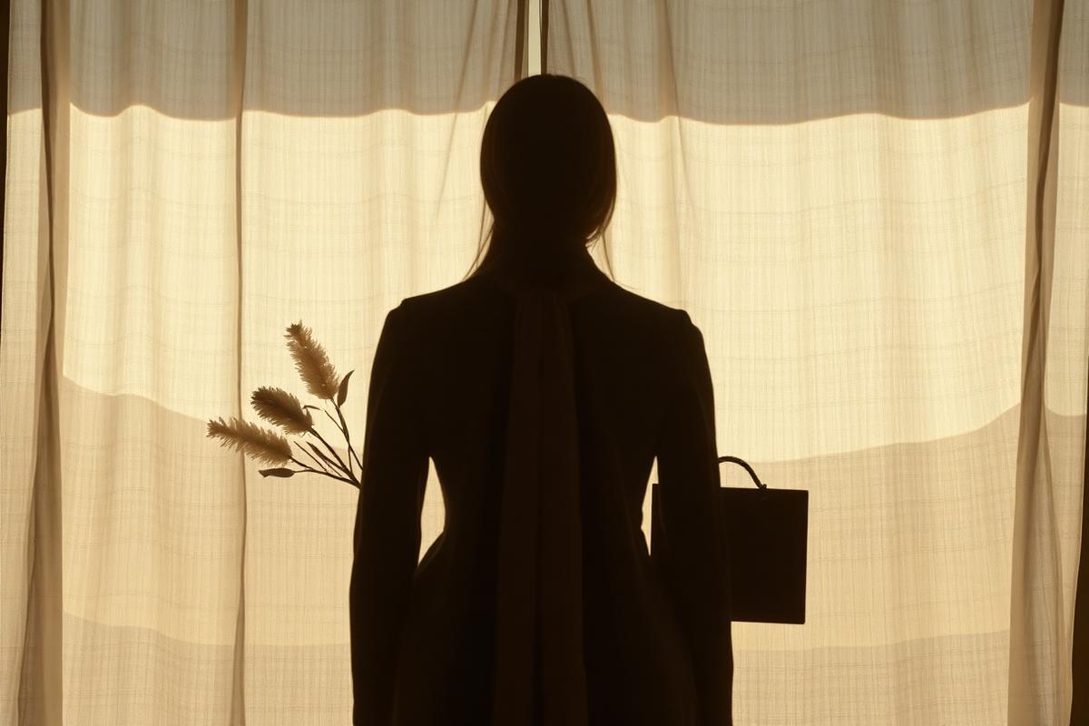 A silhouetted person and a few objects form a layered composition about identity and possessions