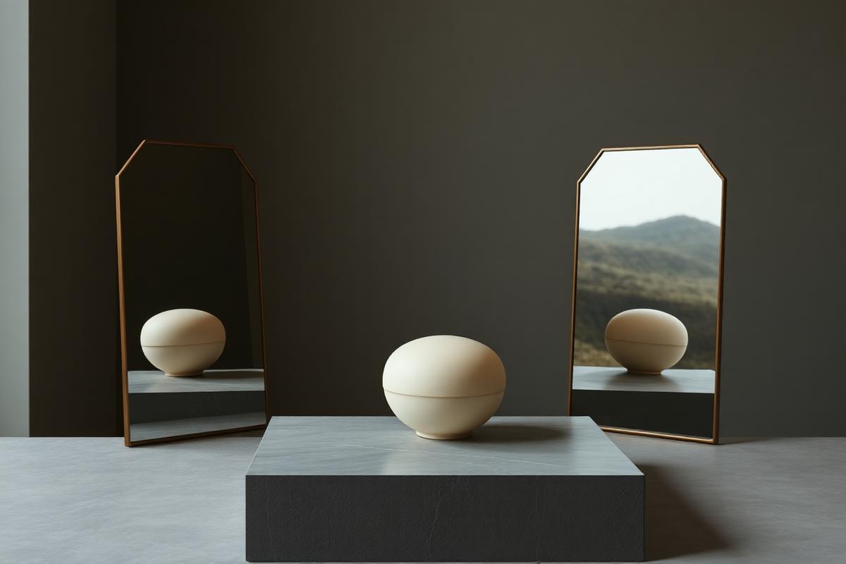 A crafted sphere appears differently in two mirrors, representing ownership and changing perception