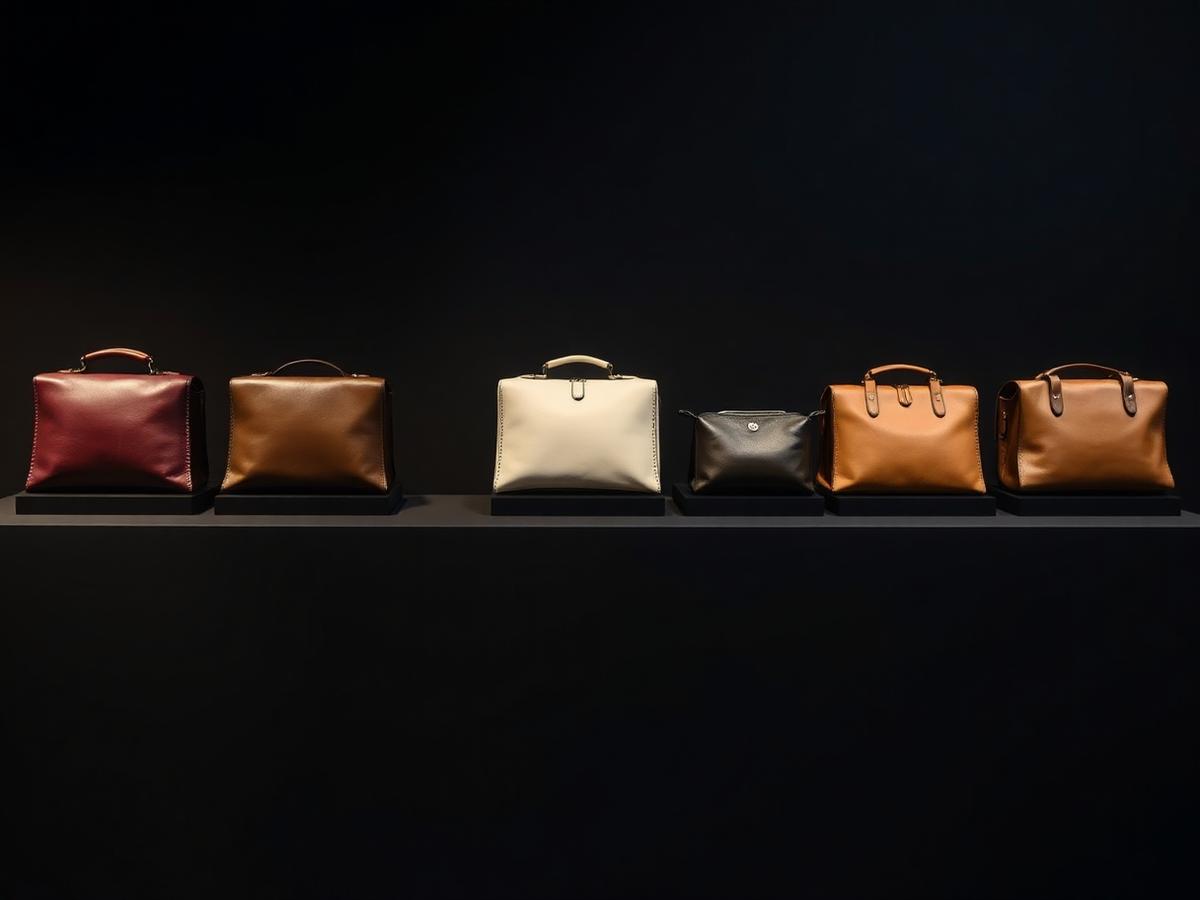 A sequence of leather objects displayed across a long dark museum shelf