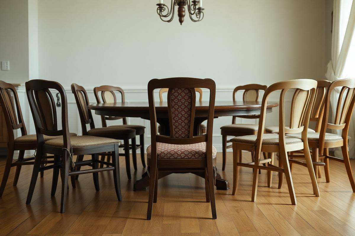 One distinctive chair gathered with mismatched chairs around a shared table