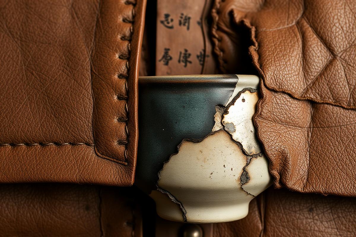 Close view of aged leather, oxidized material, and a visibly repaired ceramic cup