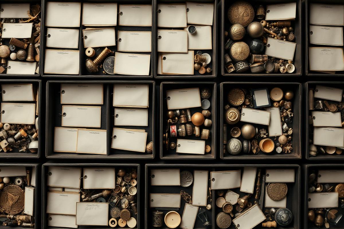 A personal collection arranged in dark archival trays with blank tags