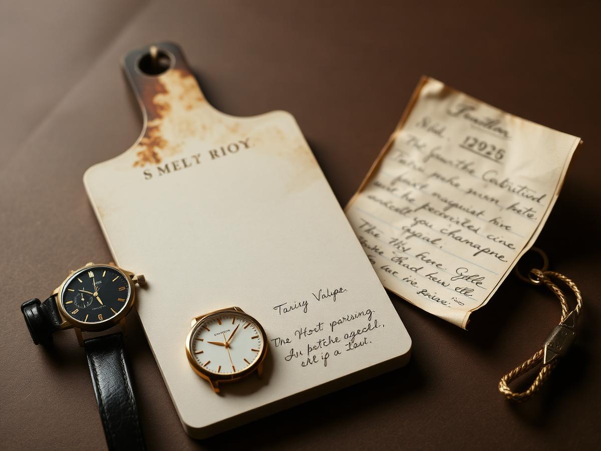 Two unbranded watches beside an auction paddle and an old handwritten note