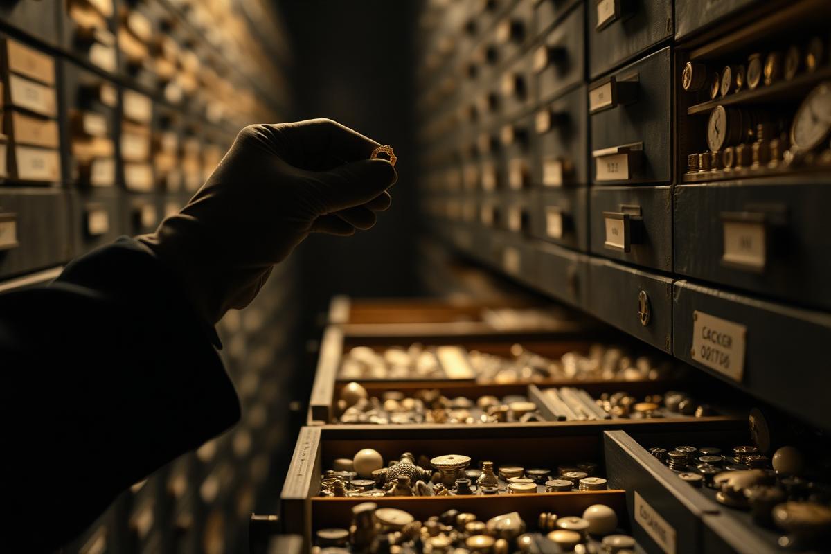 A gloved collector searching archival drawers of small objects