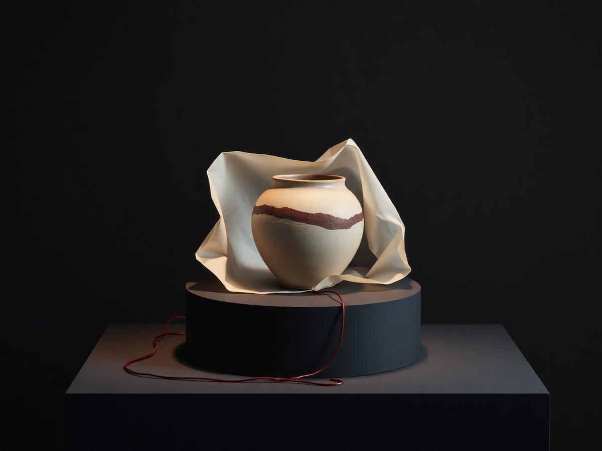 A ceramic vessel gently enclosed by folded ivory cloth with a burgundy thread leading toward the viewer