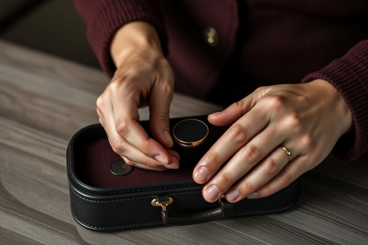 Hands place a small crafted object into a fitted personal case, symbolizing psychological ownership