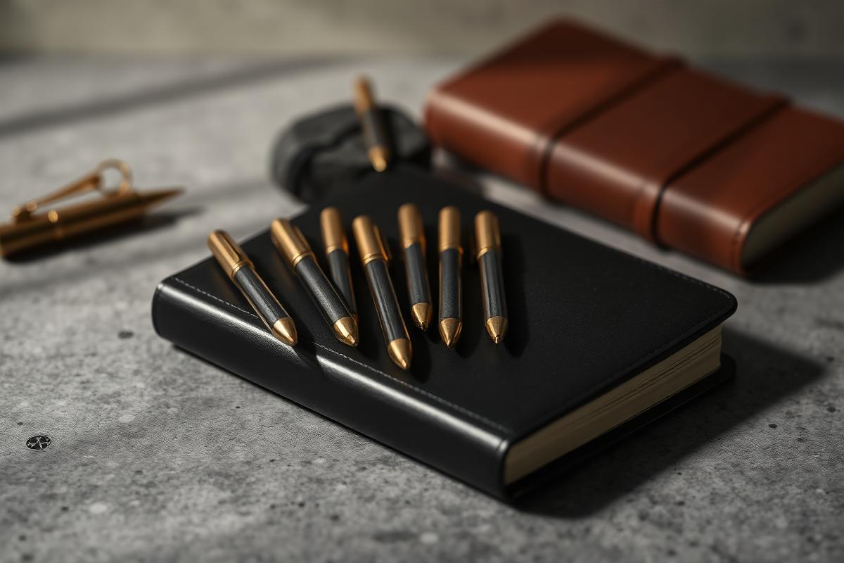 A leather notebook with ten small brass writing markers arranged across it