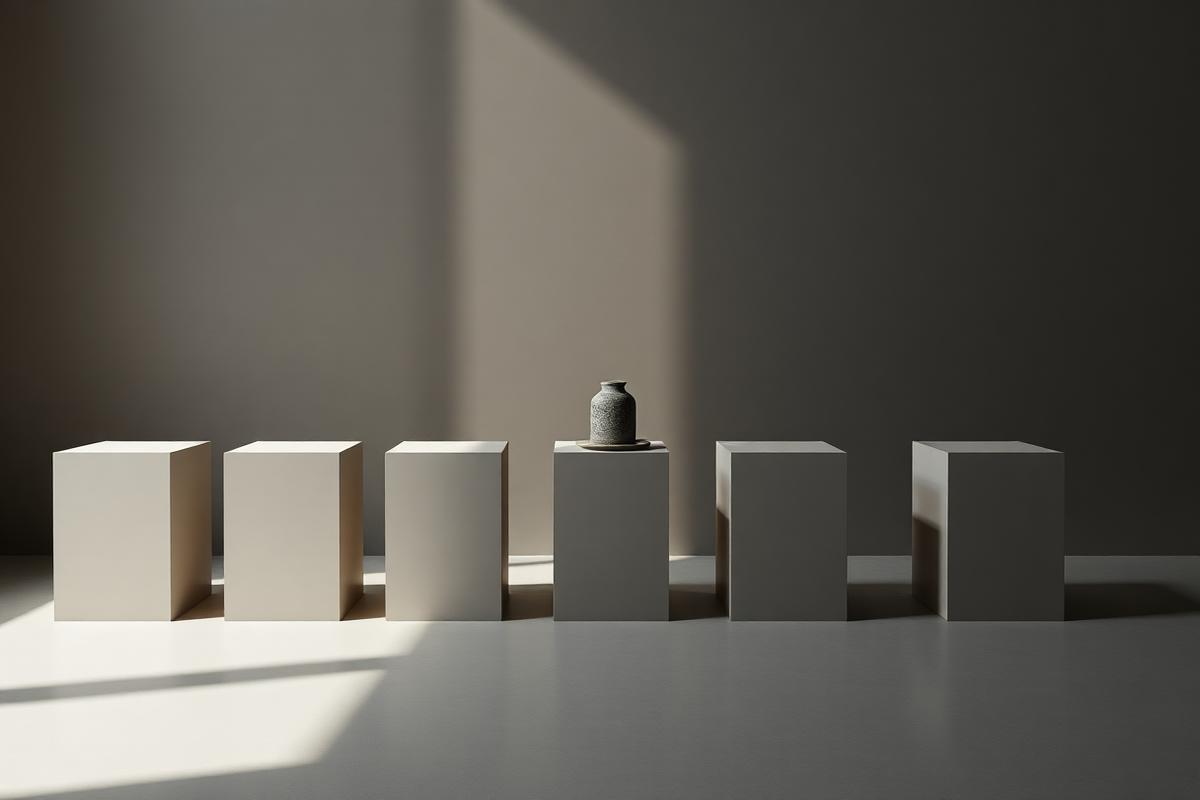 One small object remains on a row of mostly empty museum plinths, representing scarcity and urgency