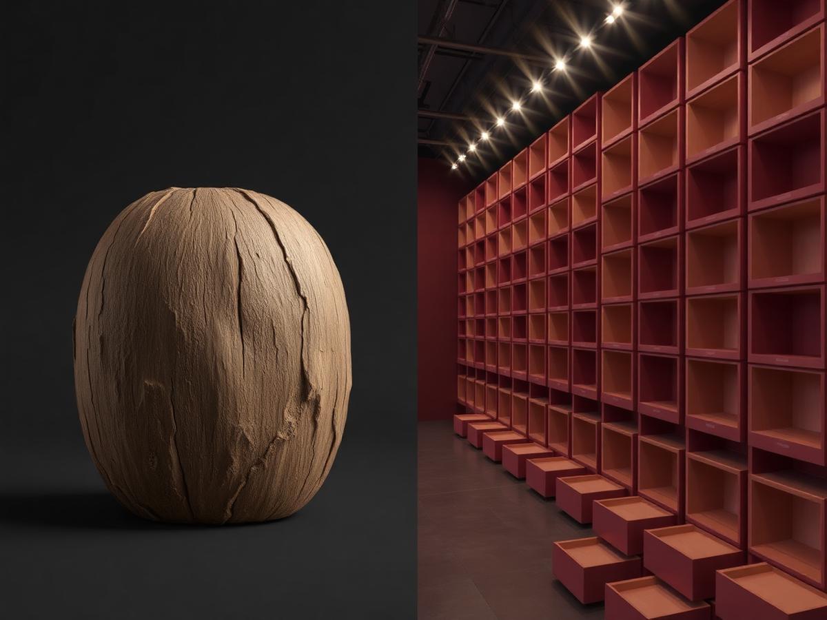 A naturally weathered sculptural object opposite a repeating wall of glossy empty display boxes