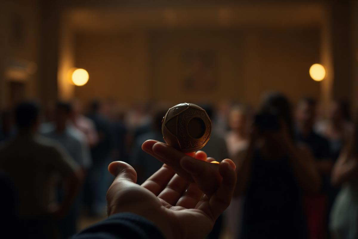 A hand privately examining a small crafted object while a distant audience remains blurred